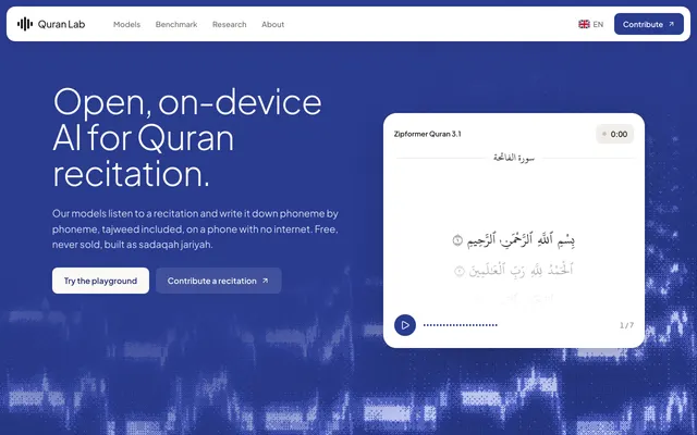 Halaman depan Quran Lab: AI untuk bacaan Al-Quran yang berjalan di perangkat